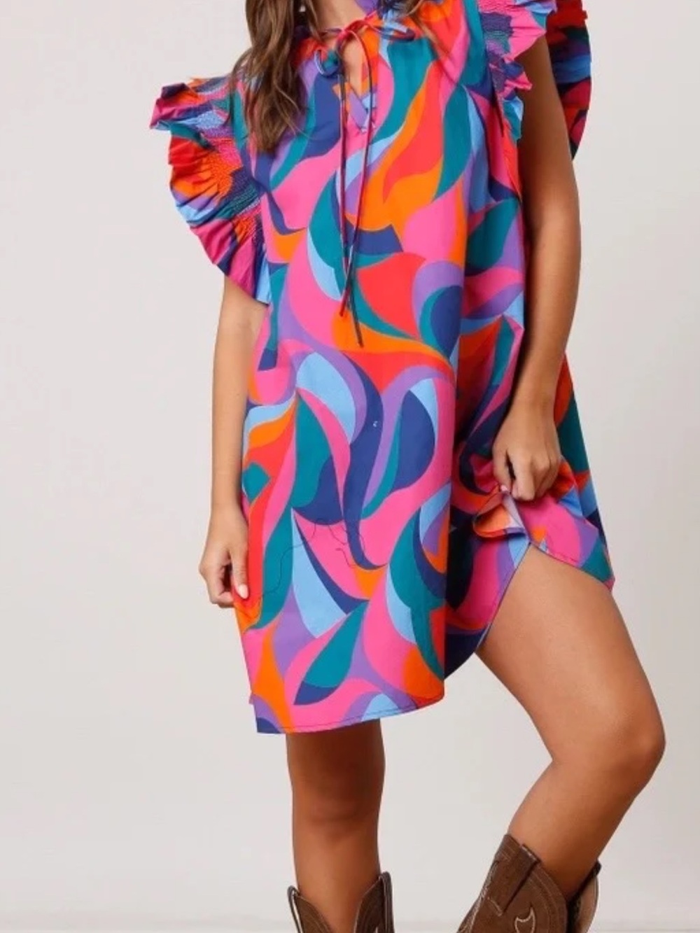 Free People Dress Up Vibrant Multicolor Flutter Sleeve Shift Dress 100% Cotton - Picture 6 of 6